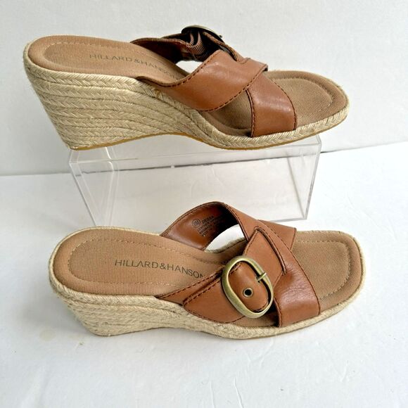 Hillard & Hanson Shoes - Hillard & Hanson Womens Dessa Caramel Cognac Leather Wedge Slip On Open Toe Sz 8